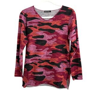 David Cline Women's Top V-Neck 3/4 Sleeve Pink Orange Black Style Rouge Size S